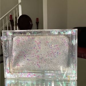 Damaged kotur water snow globe glitter lucite clutch damaged for parts only